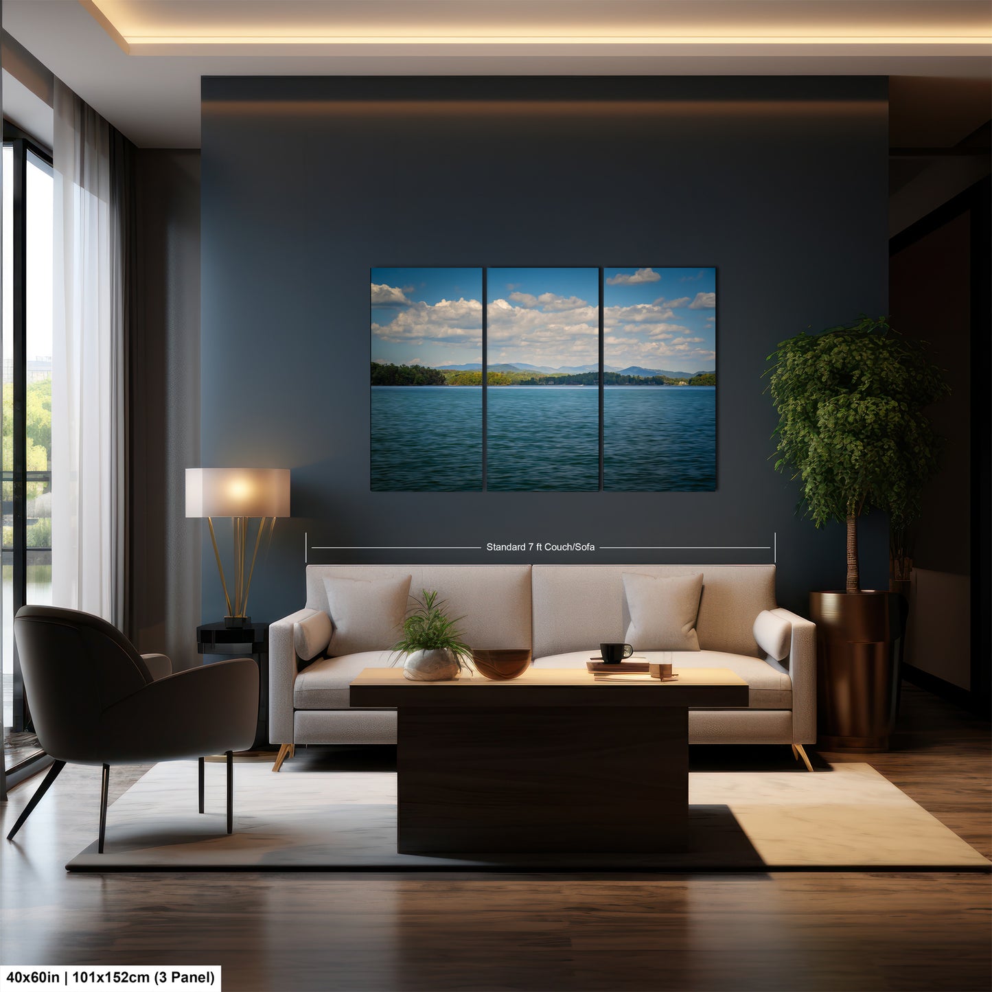 A modern living room with a large wall-mounted painting depicting a serene landscape of a lake and mountains. The room is furnished with a sofa, chair, and coffee table, creating a cozy and inviting atmosphere.