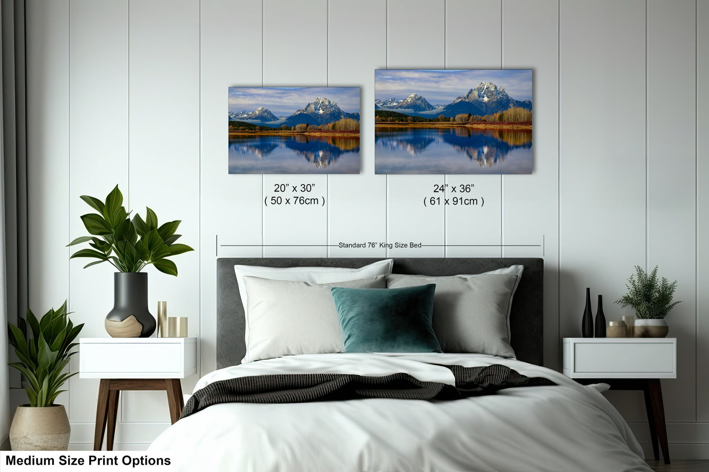 a bedroom with a bed and two pictures on the wall