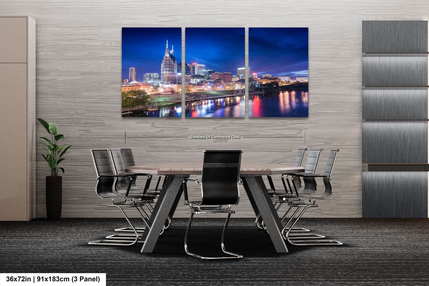 a dining room table with a view of a city at night