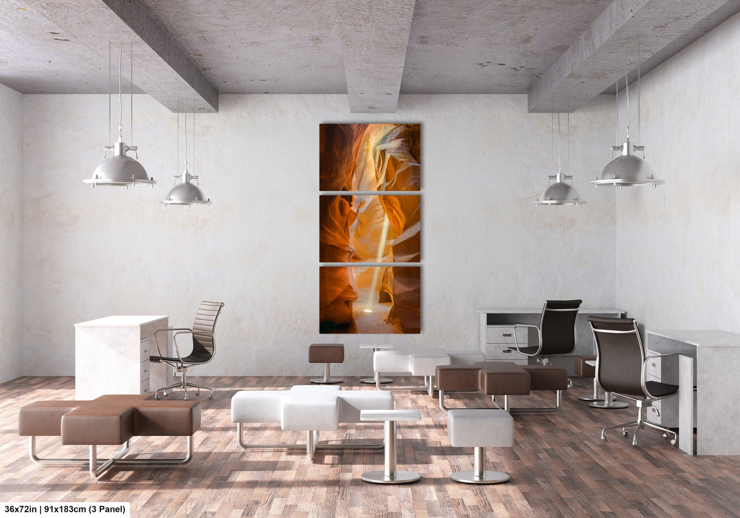 a room filled with lots of chairs and a painting on the wall