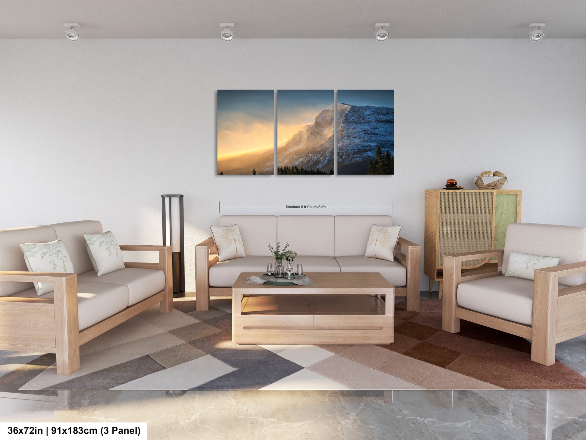 a living room filled with furniture and a painting on the wall