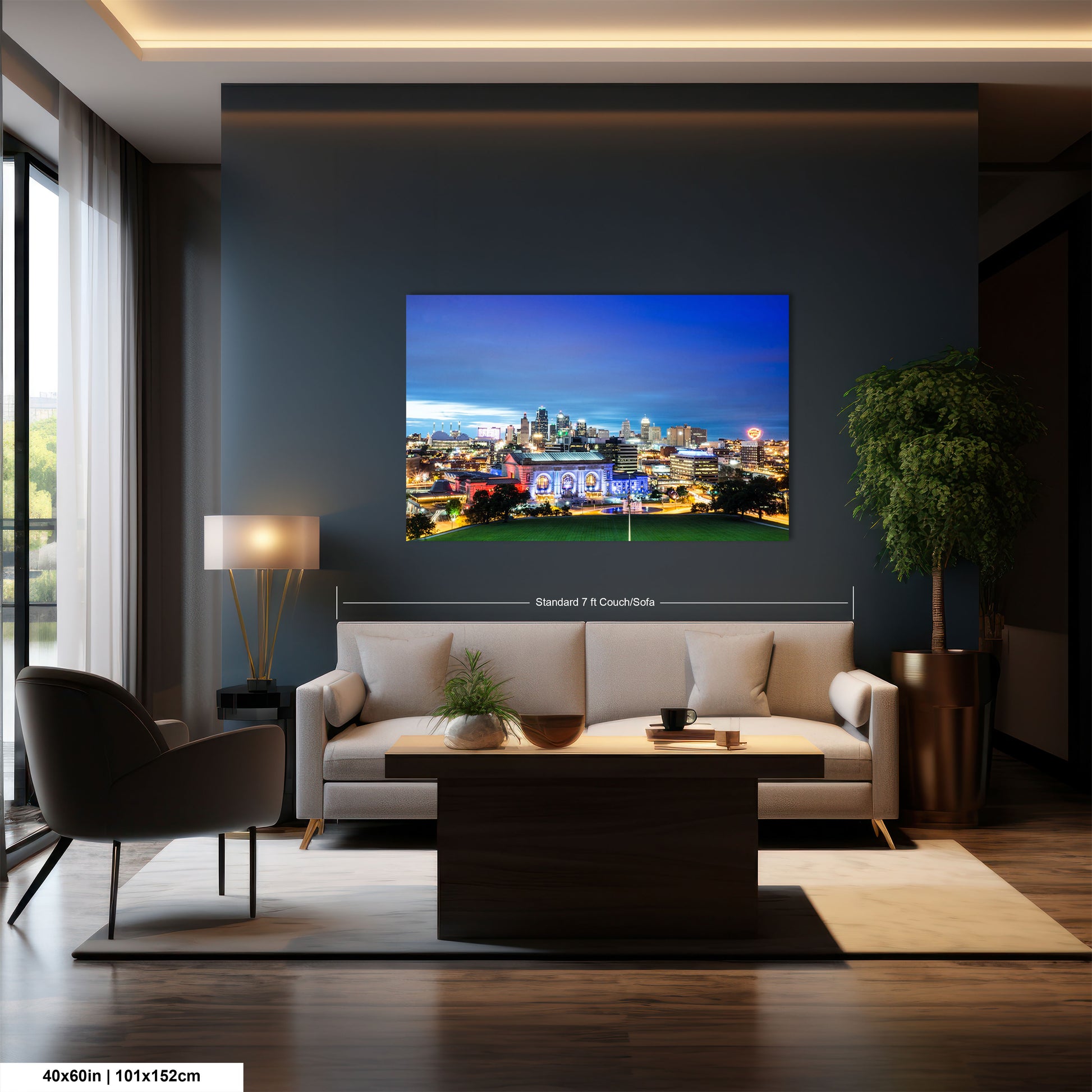 a living room with a large picture on the wall