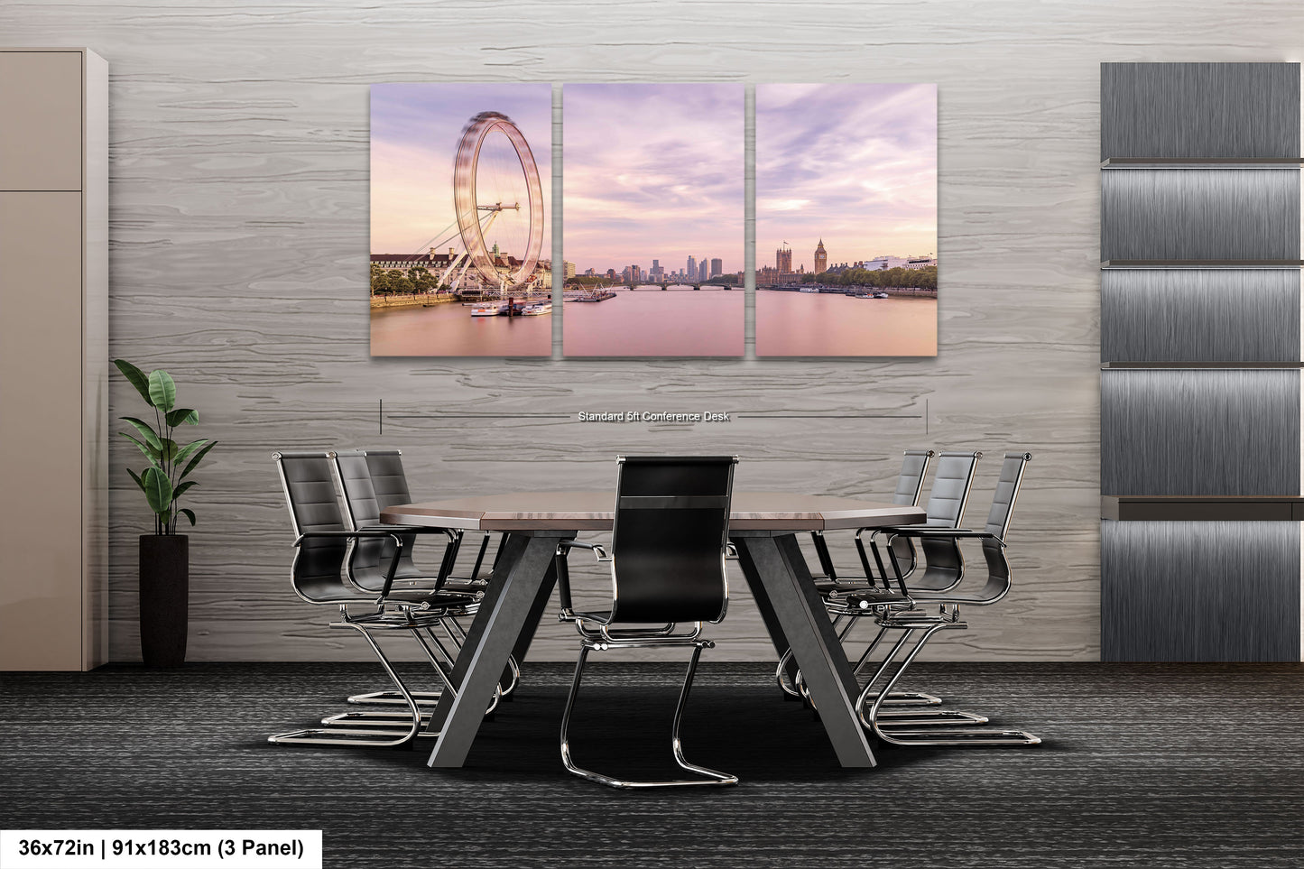 a dining room table with a ferris wheel in the background
