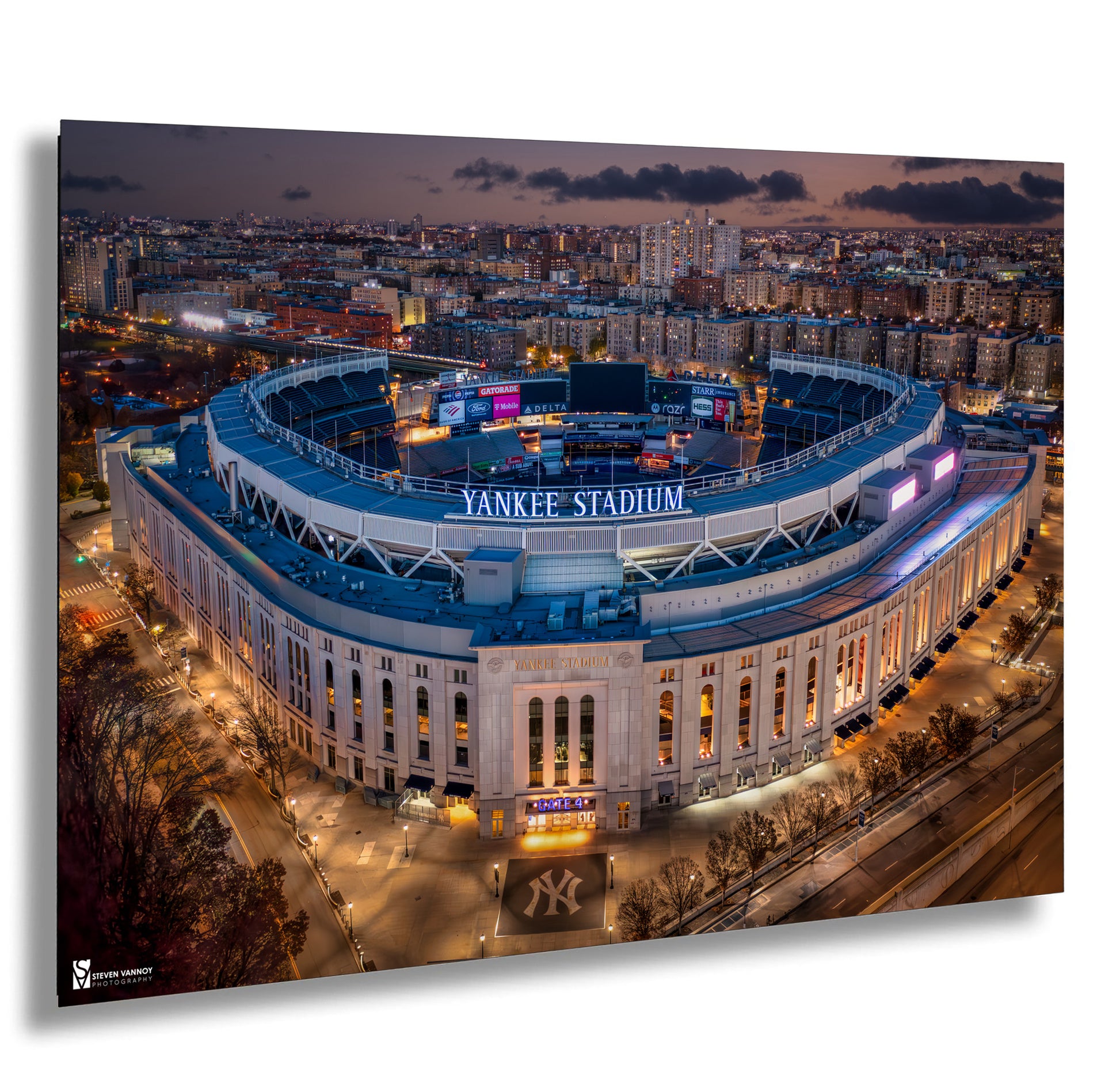an aerial view of yankee stadium at night