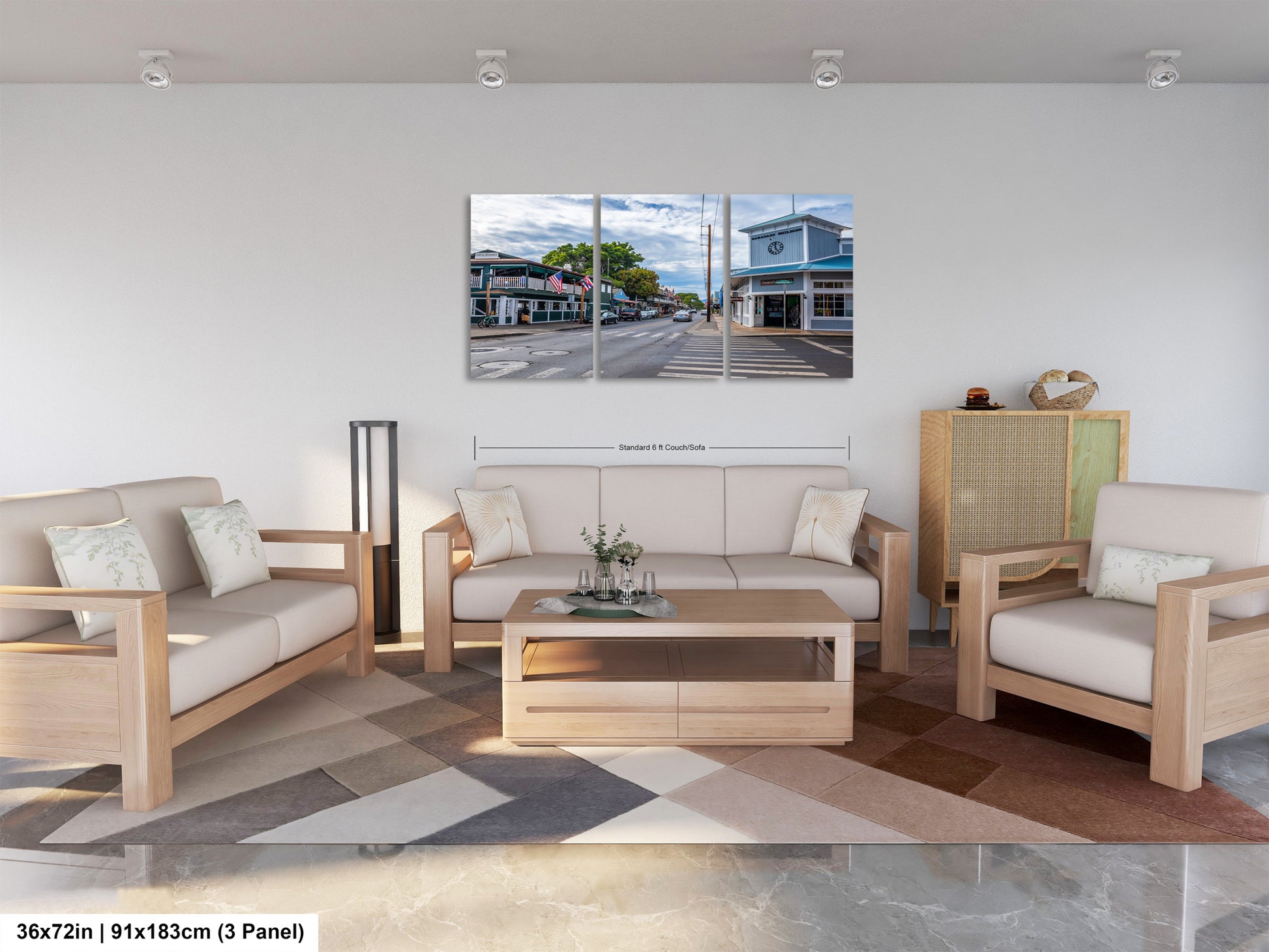 a living room filled with furniture and a painting on the wall