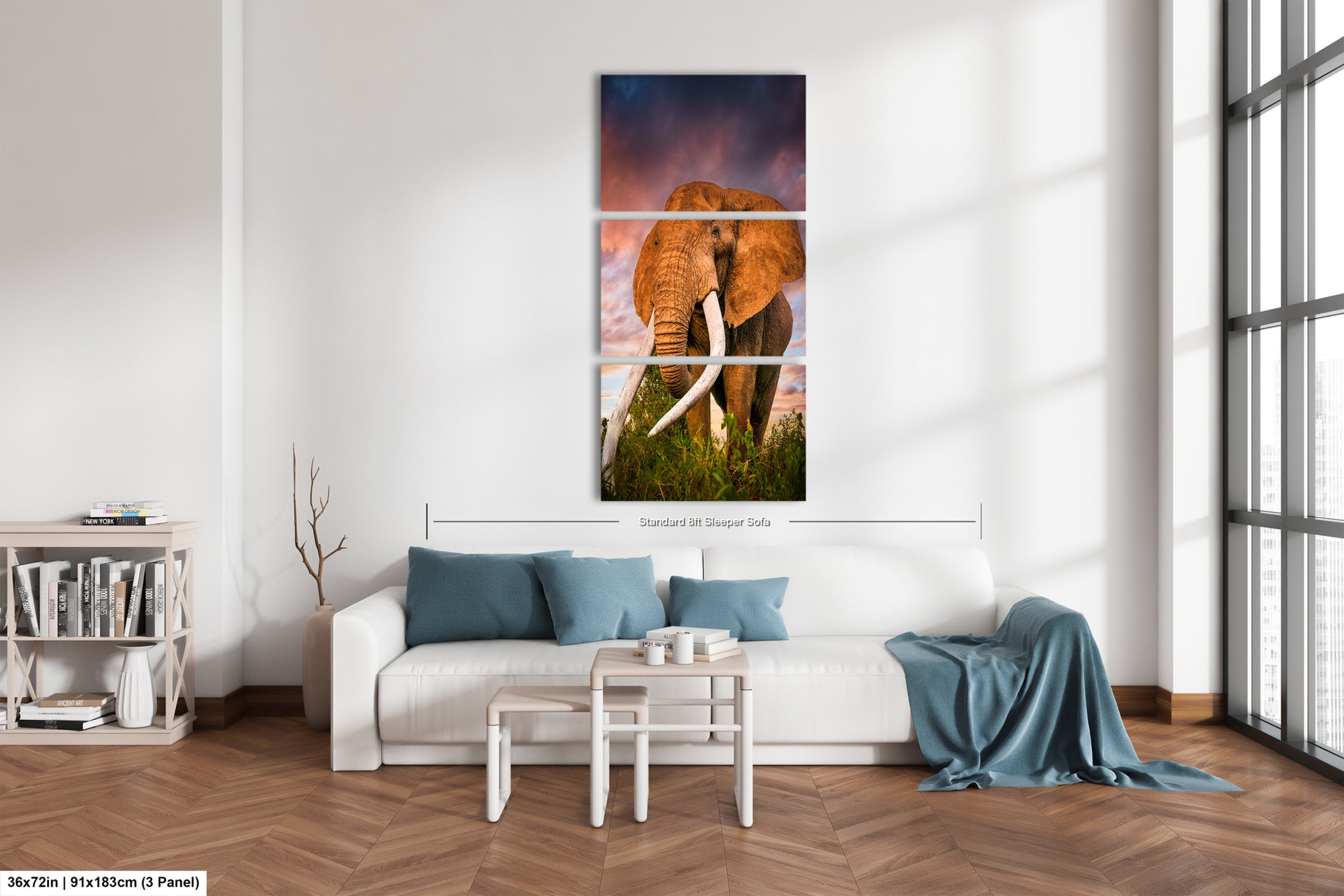 a living room with a couch and a painting on the wall