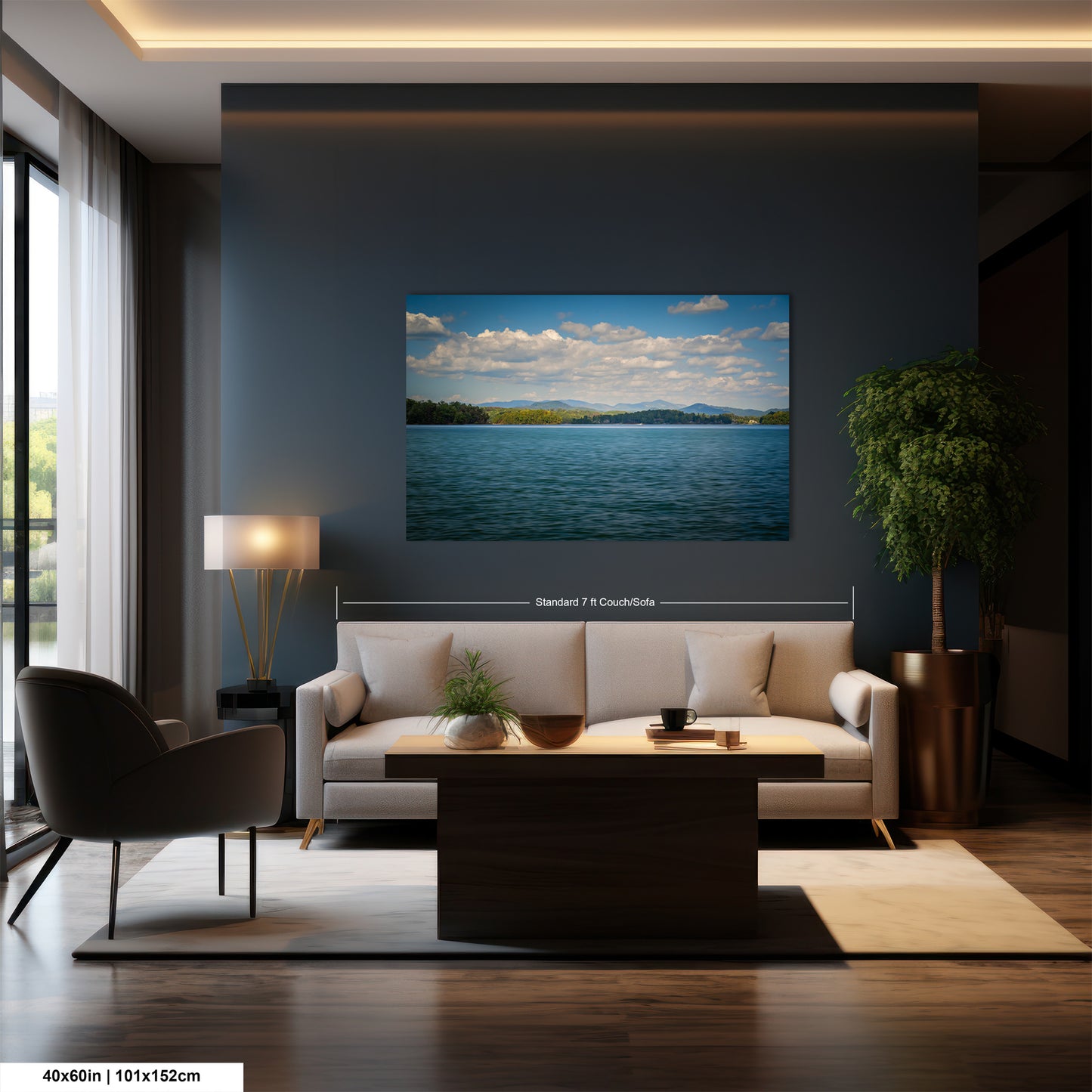a modern living room with a large painting of a serene lake scene hanging on the wall. The room is furnished with a white sofa, a wooden coffee table, and a large window that allows natural light to fill the space.
