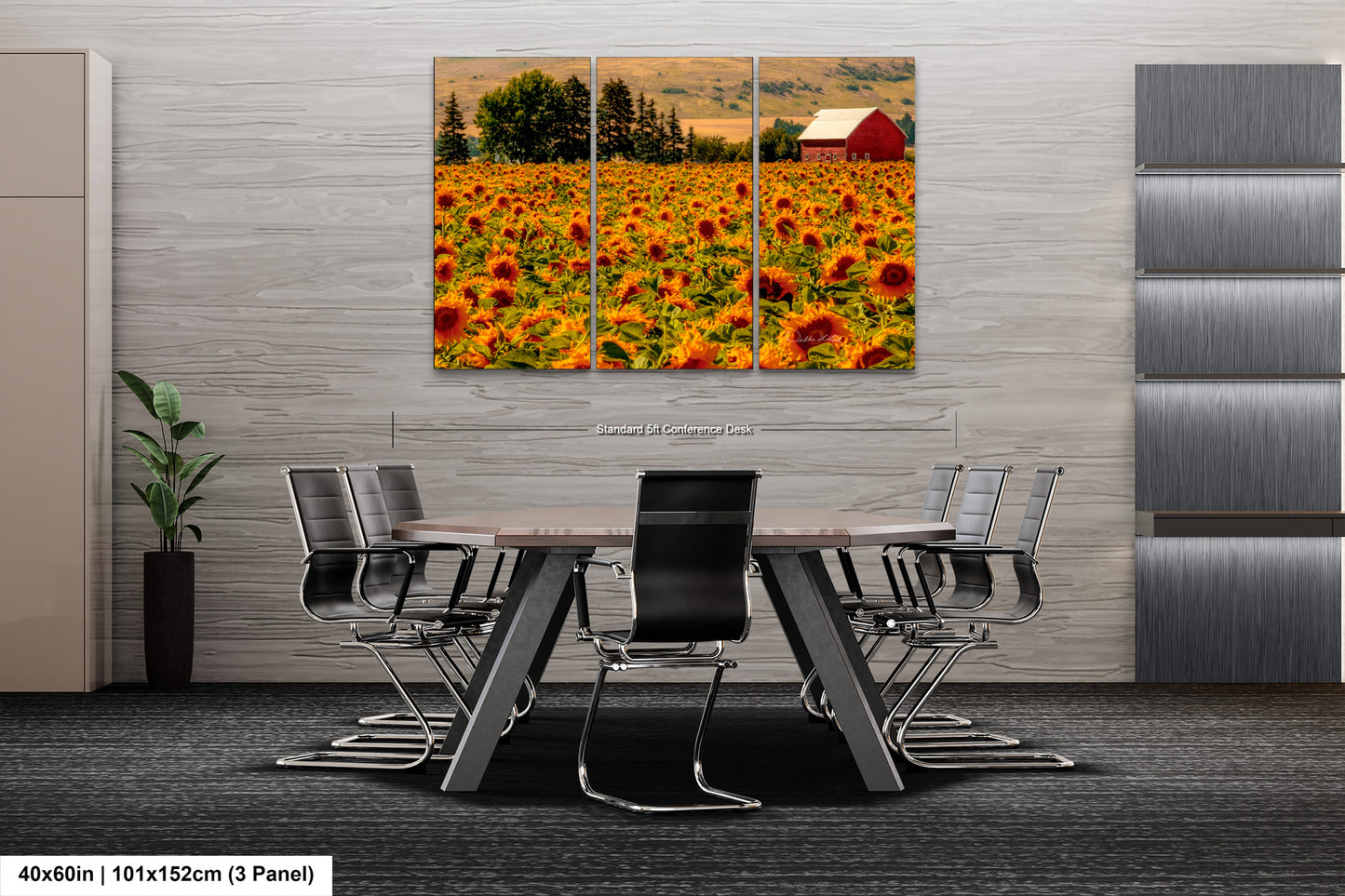 a dining room table with chairs and a painting of a field of sunflowers