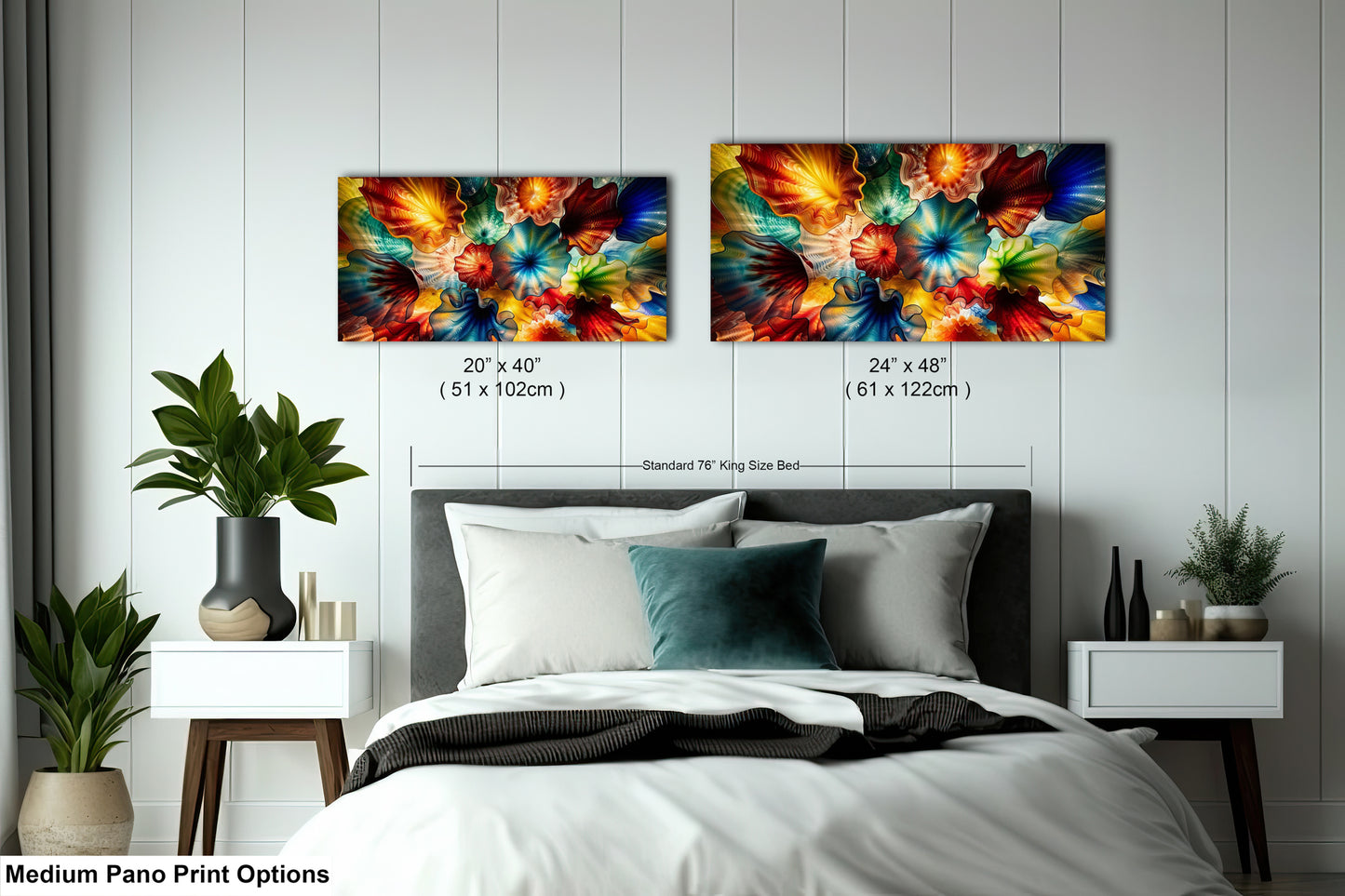 a bedroom with a large bed, two nightstands, and two paintings hanging on the wall above the bed.