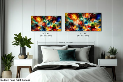 a bedroom with a large bed, two nightstands, and two paintings hanging on the wall above the bed.