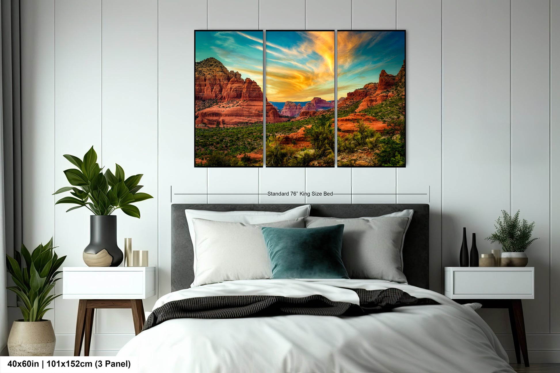 a bed room with a neatly made bed and a painting on the wall