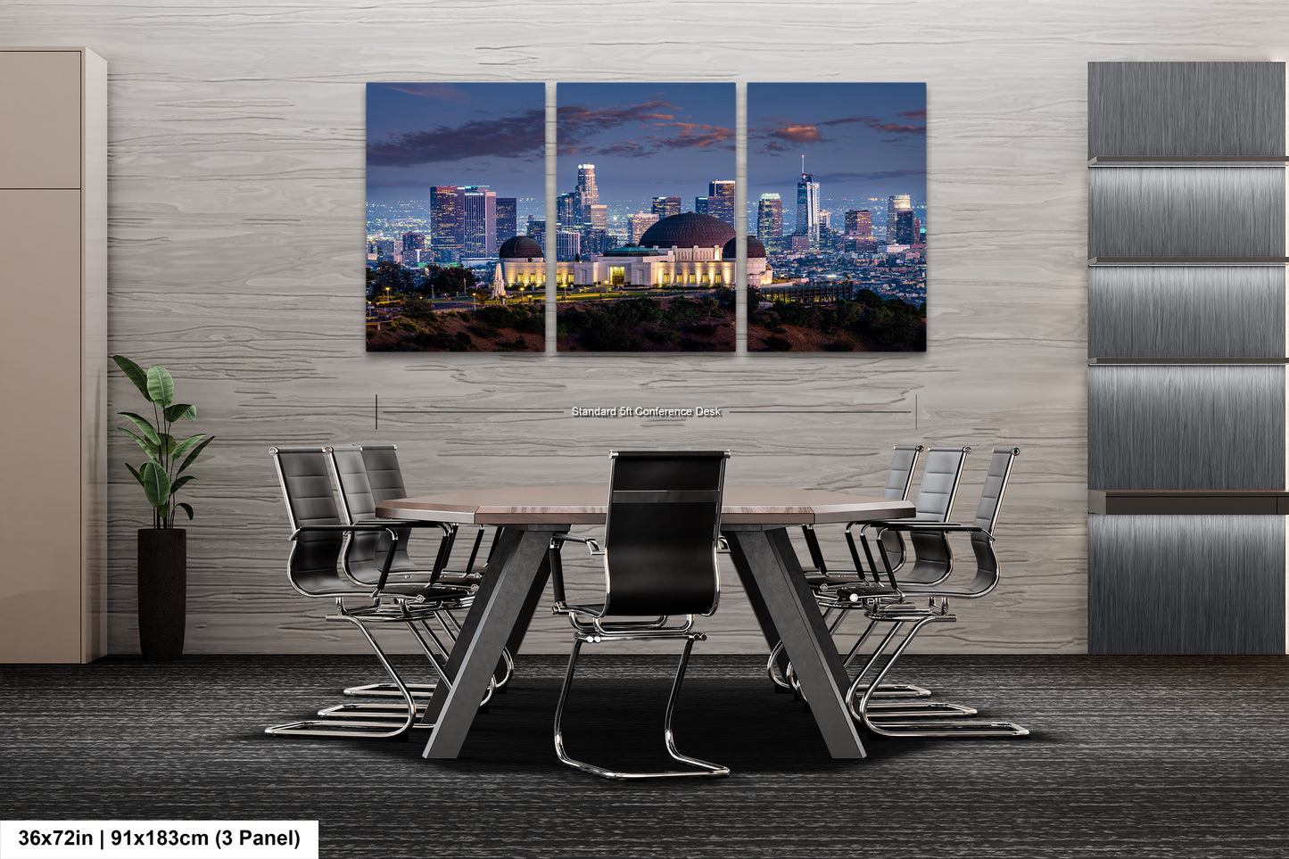 a dining room with a table and chairs with a city skyline in the background