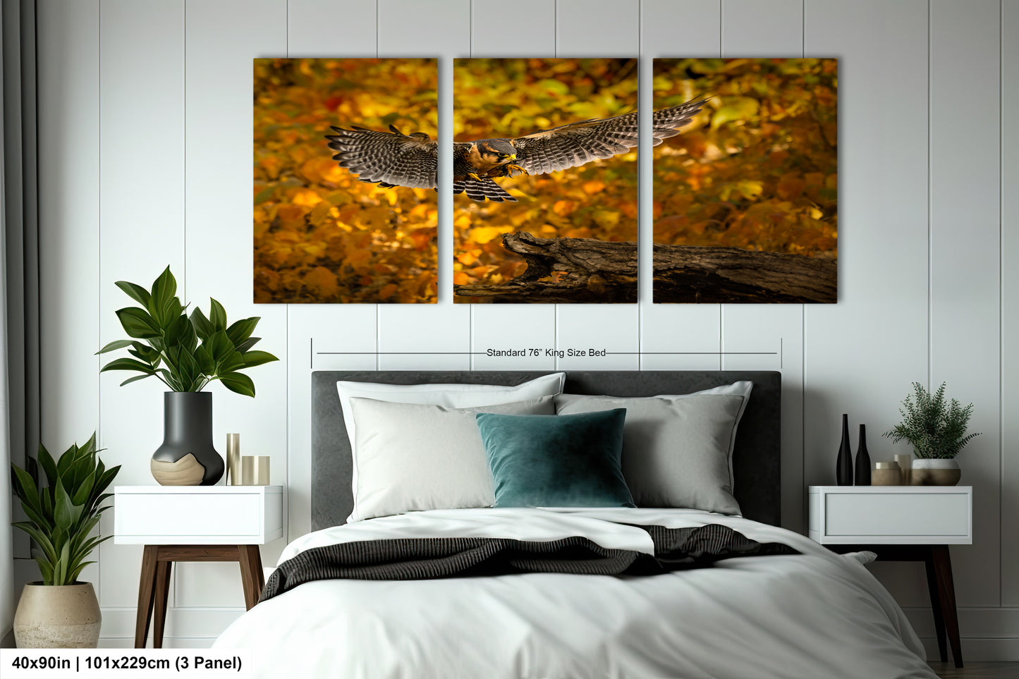 a bedroom scene with focus on the bed and the owl flying