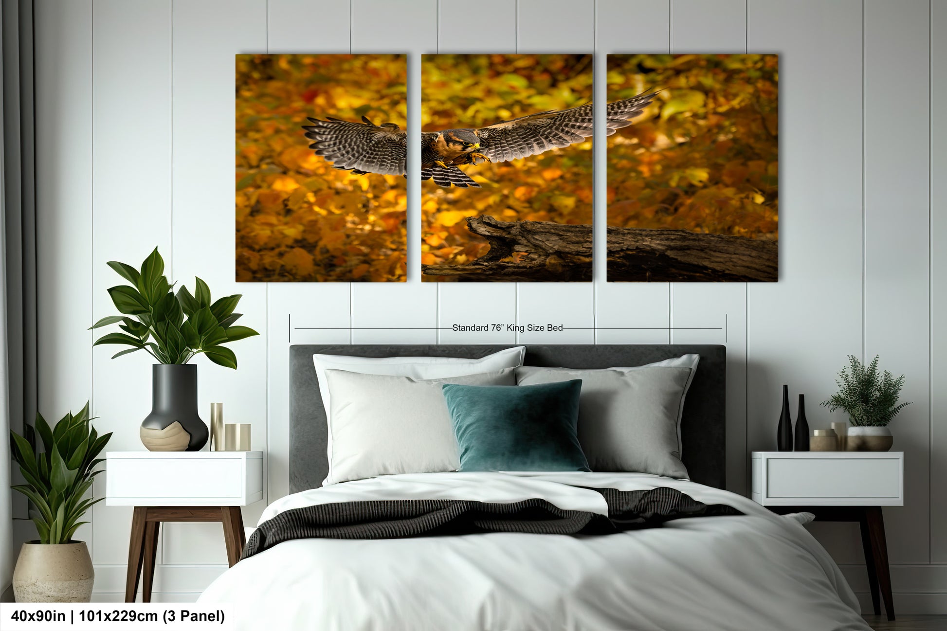 a bedroom scene with focus on the bed and the owl flying