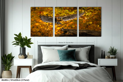 a bedroom scene with focus on the bed and the owl flying