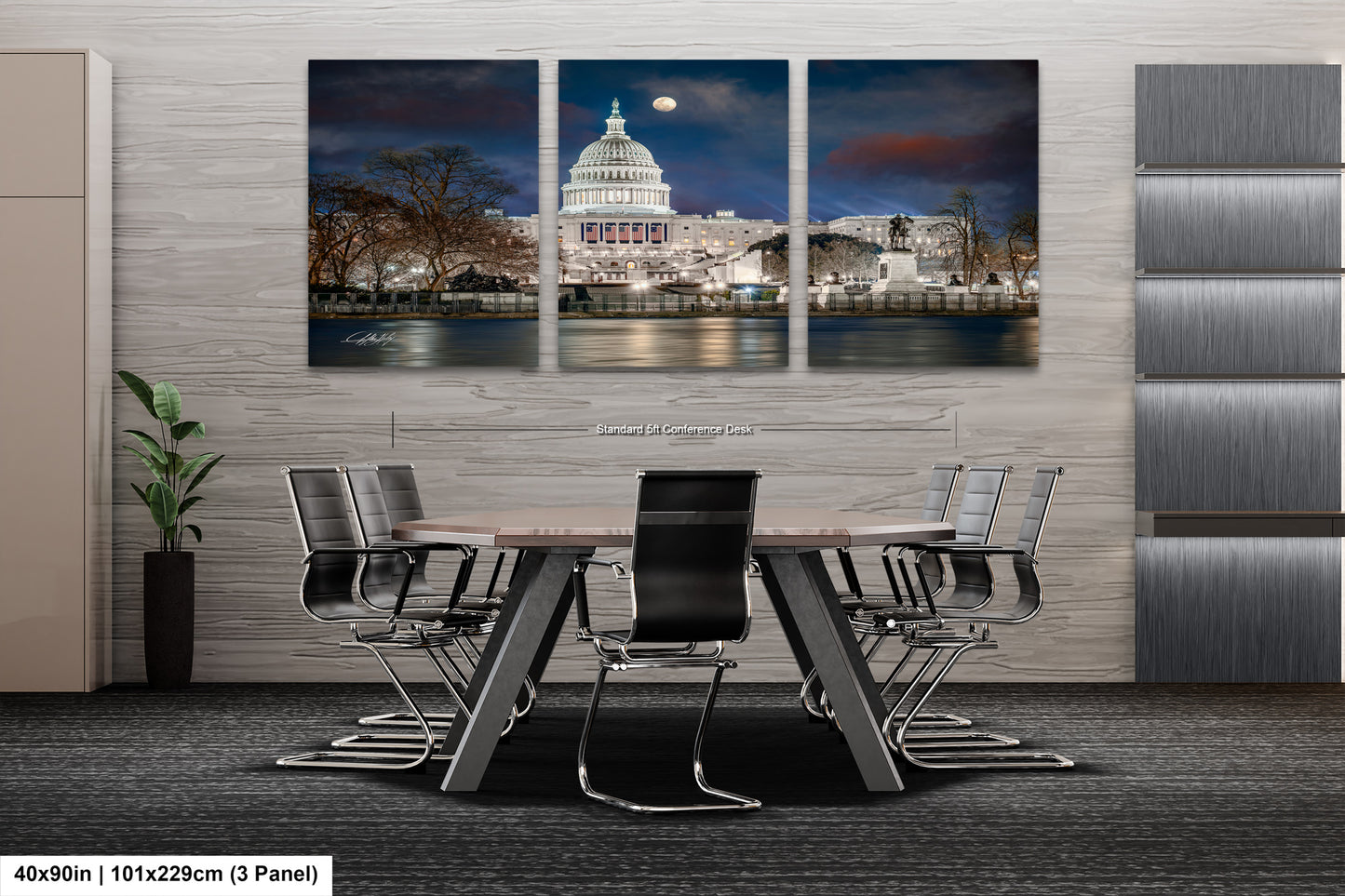 a dining room table with chairs in front of a picture of the capitol building