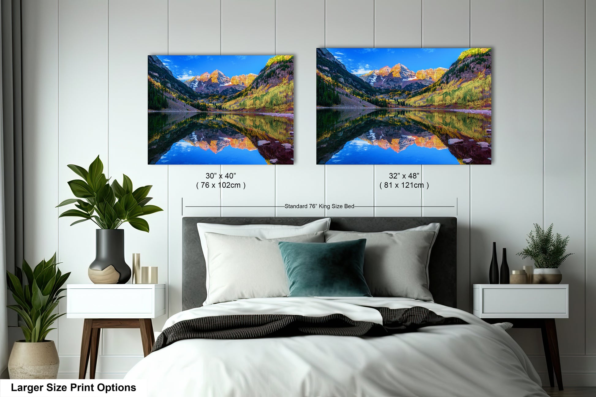 a bedroom with a bed and two pictures on the wall