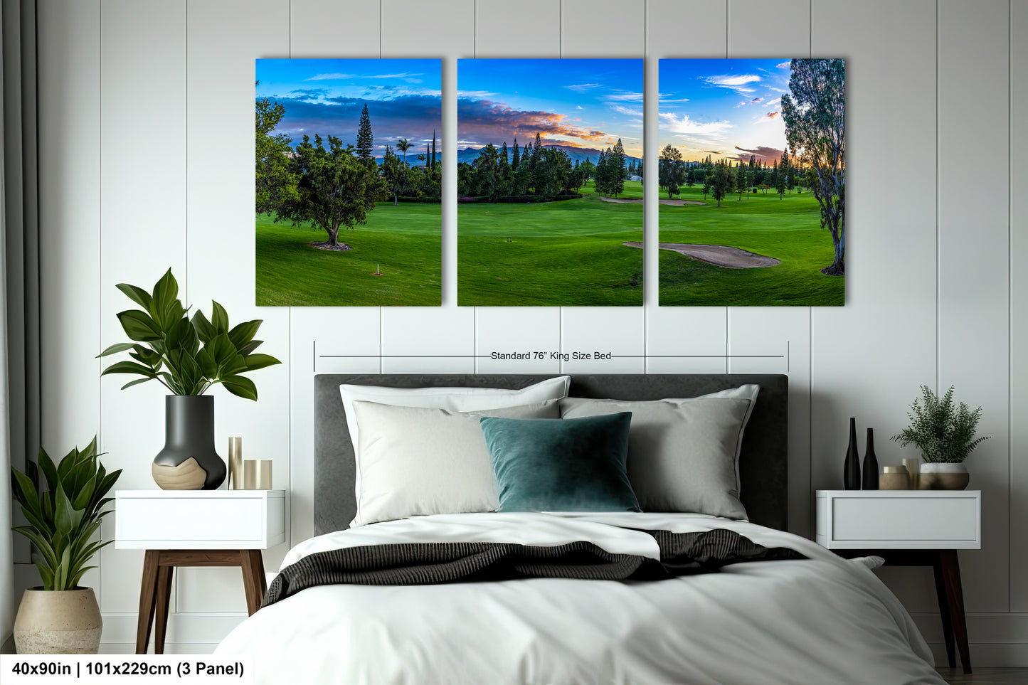 a bedroom scene with a bed and two paintings on the wall
