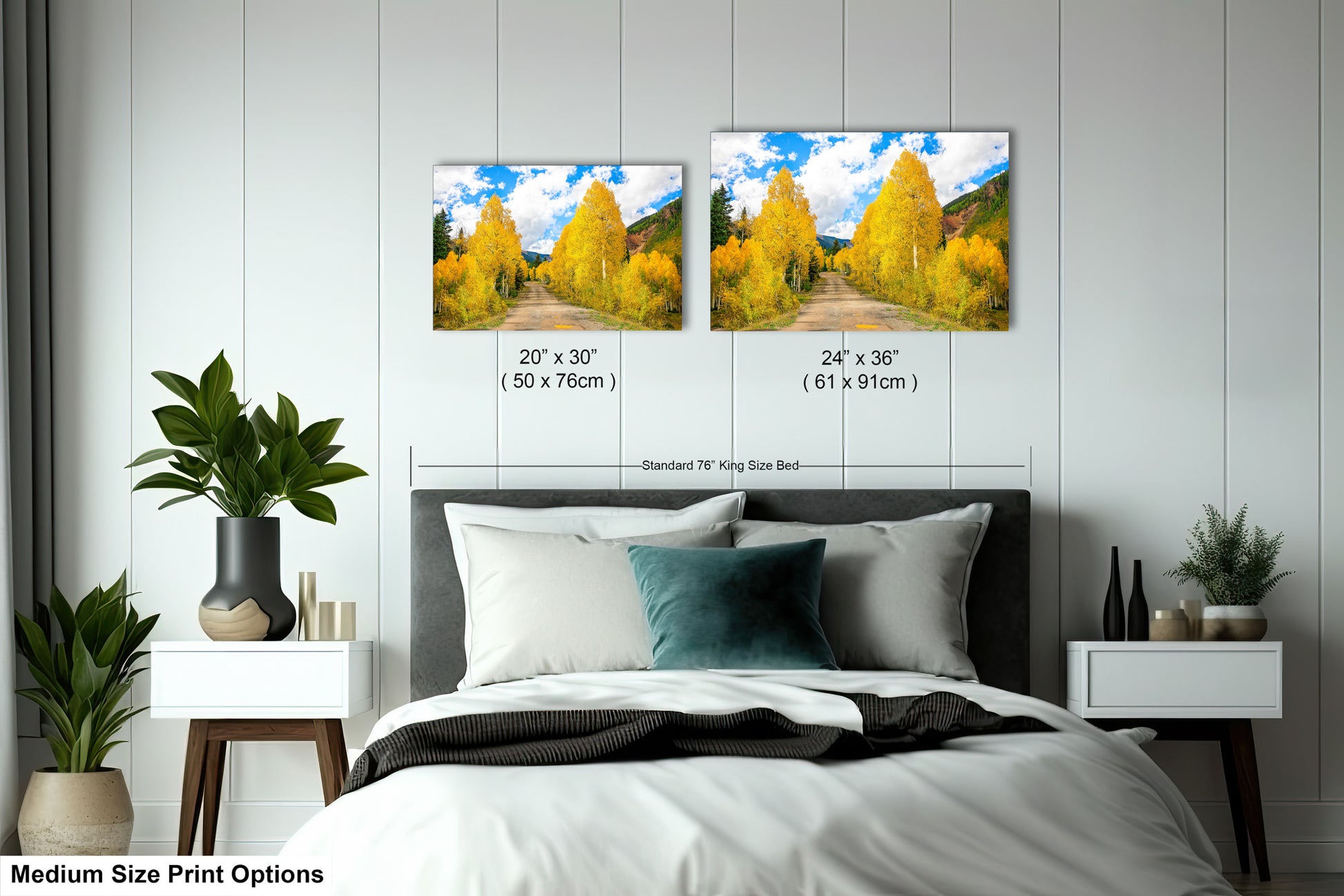 a bed room with a neatly made bed and two pictures on the wall