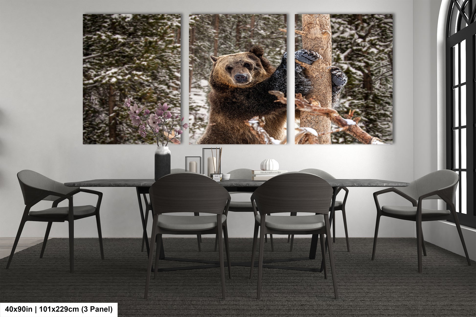a dining room table with chairs and a bear on it