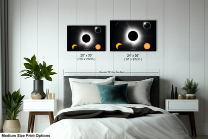 a bedroom with a bed and two pictures of the moon