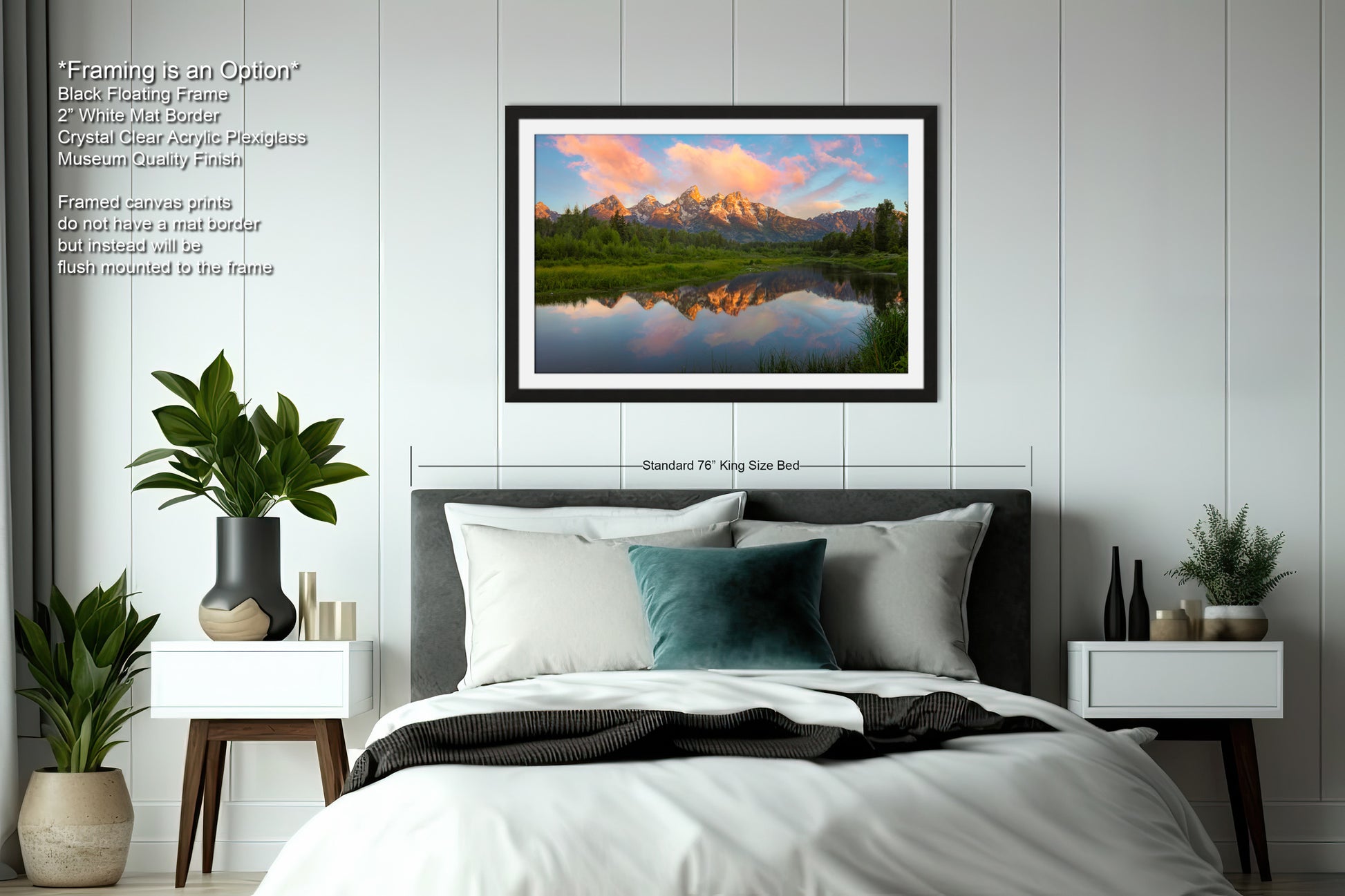 a bedroom with a large bed and a painting on the wall