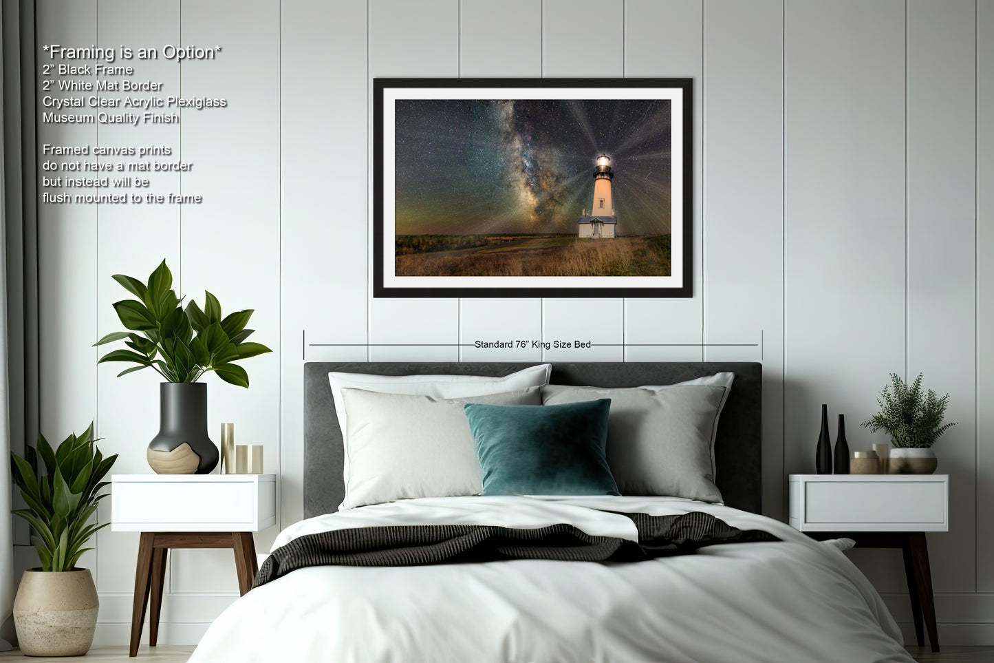 a bedroom with a large bed and a picture on the wall