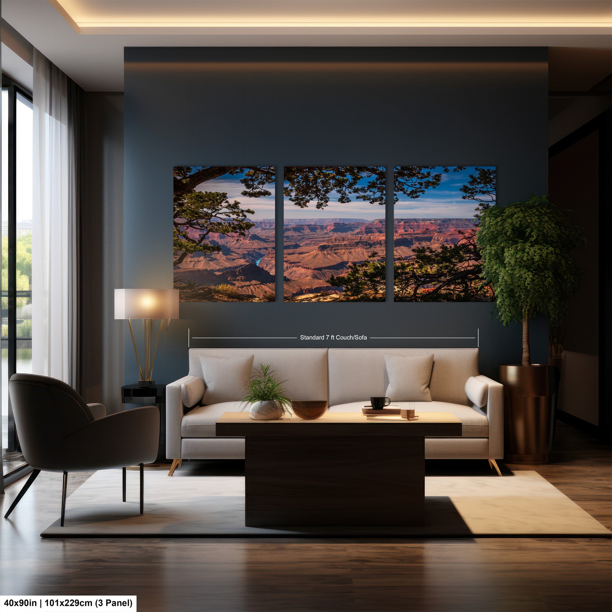 a living room filled with furniture and a painting on the wall