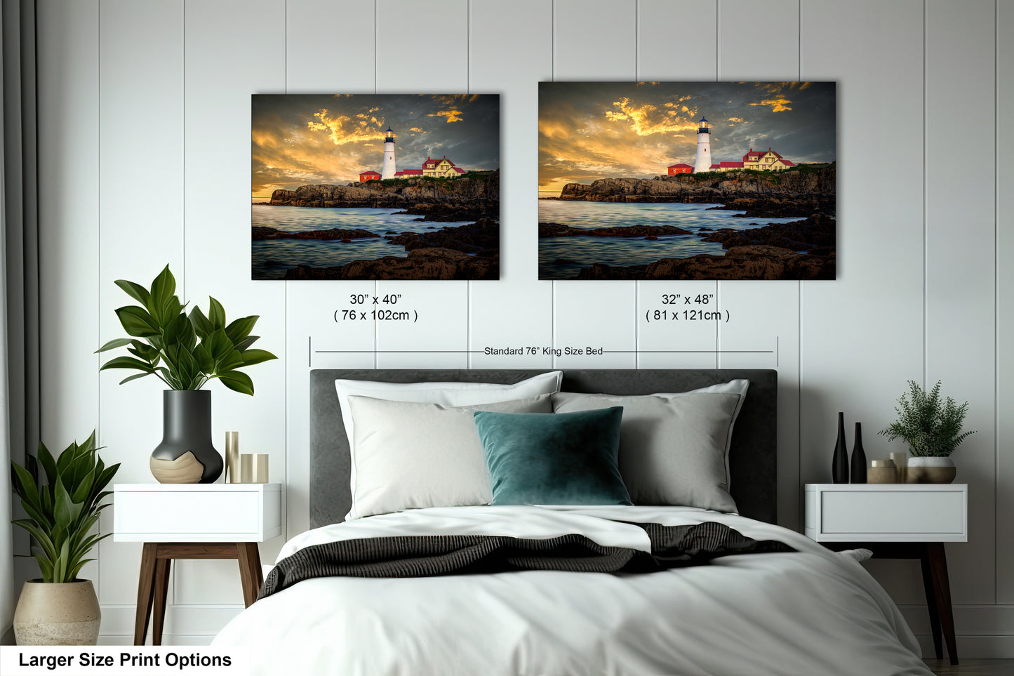 a bedroom with two pictures of a lighthouse on the wall