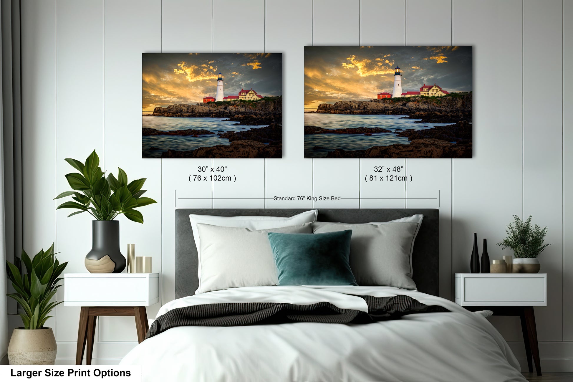 a bedroom with two pictures of a lighthouse on the wall