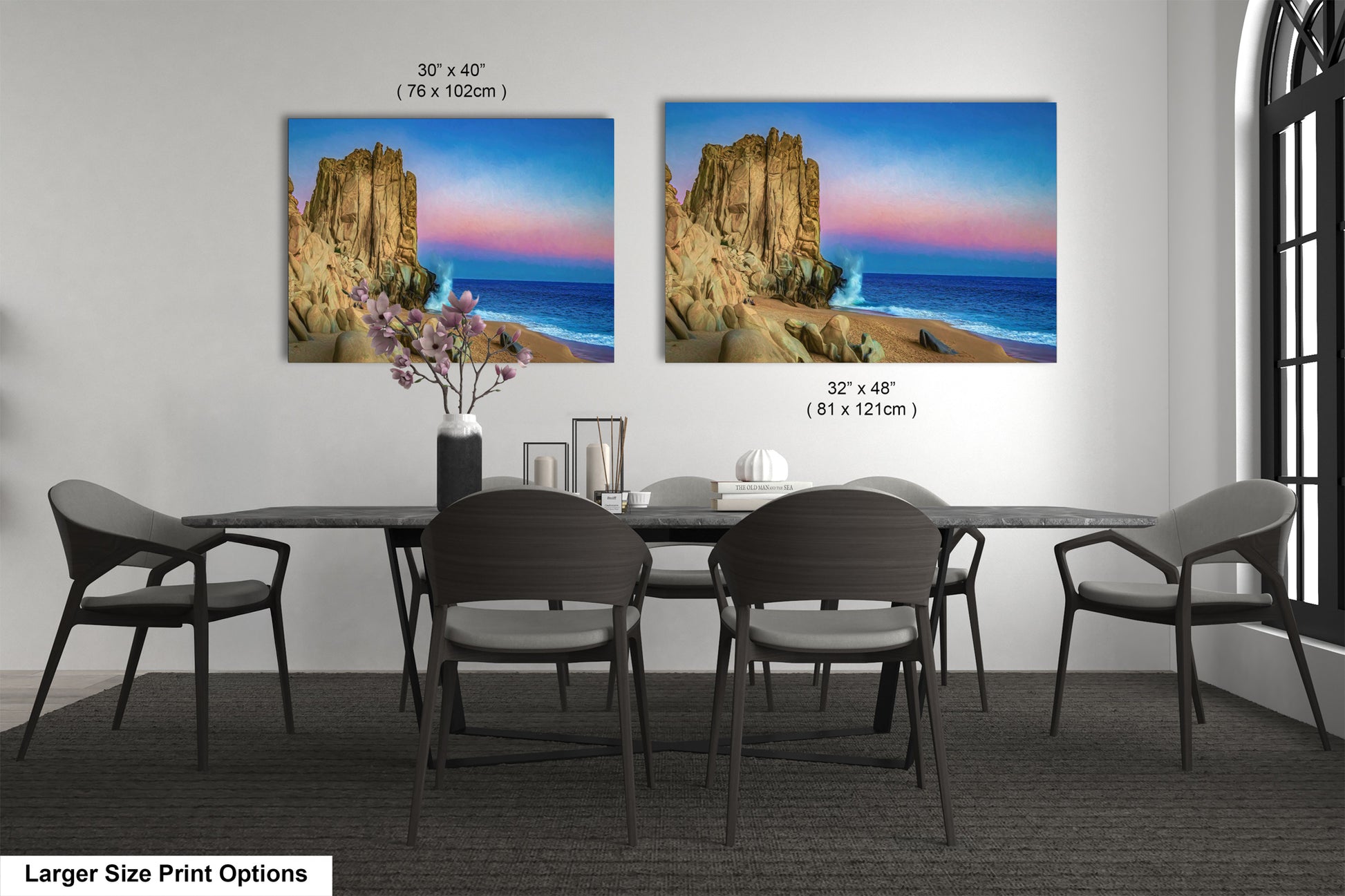 a dining room table with four chairs and a painting on the wall