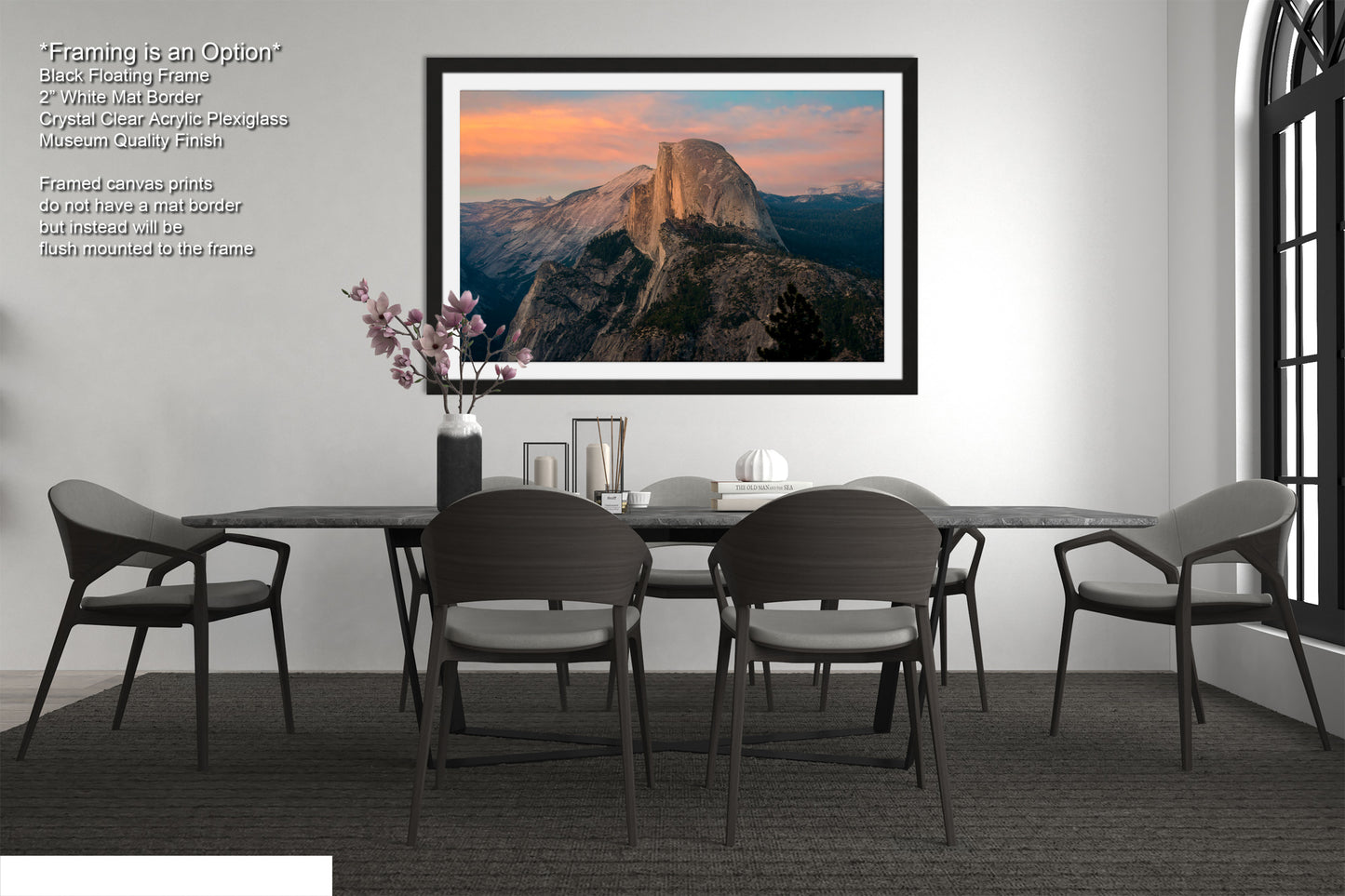 a picture of a dining room with a mountain in the background