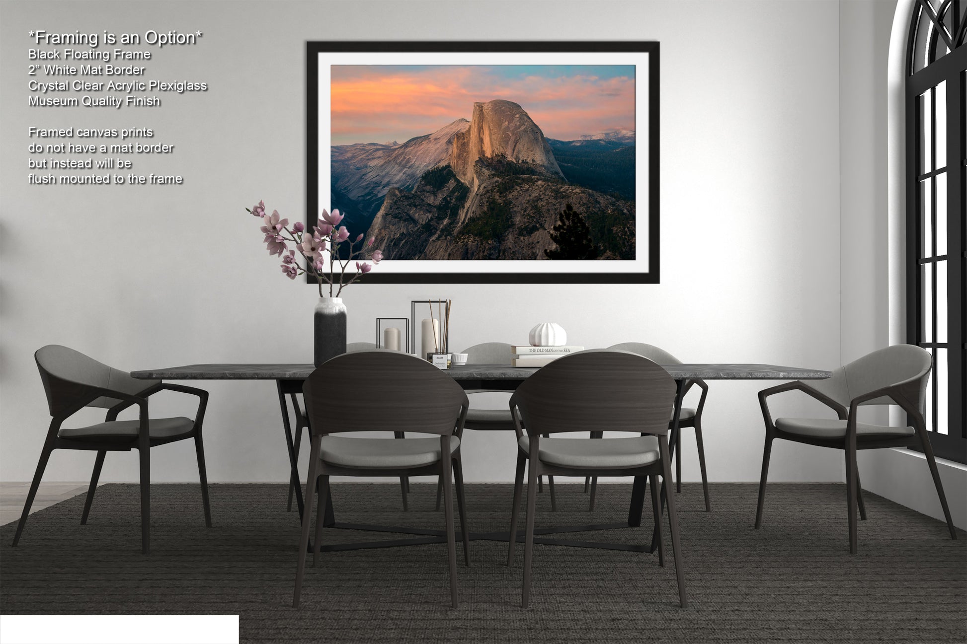 a picture of a dining room with a mountain in the background