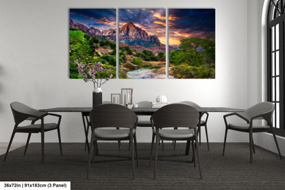 a dining room table with chairs and a painting on the wall