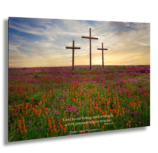 three crosses in a field of flowers with a sky background