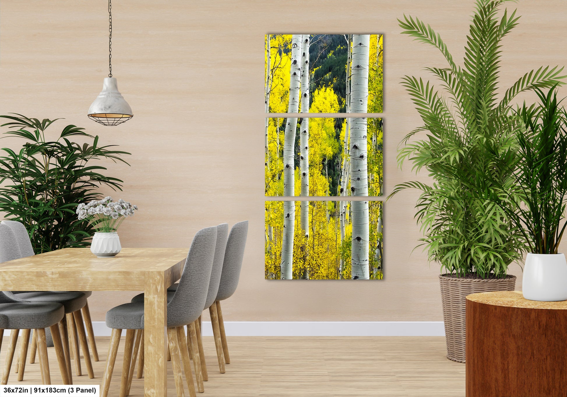 a room with a table, chairs and a painting on the wall