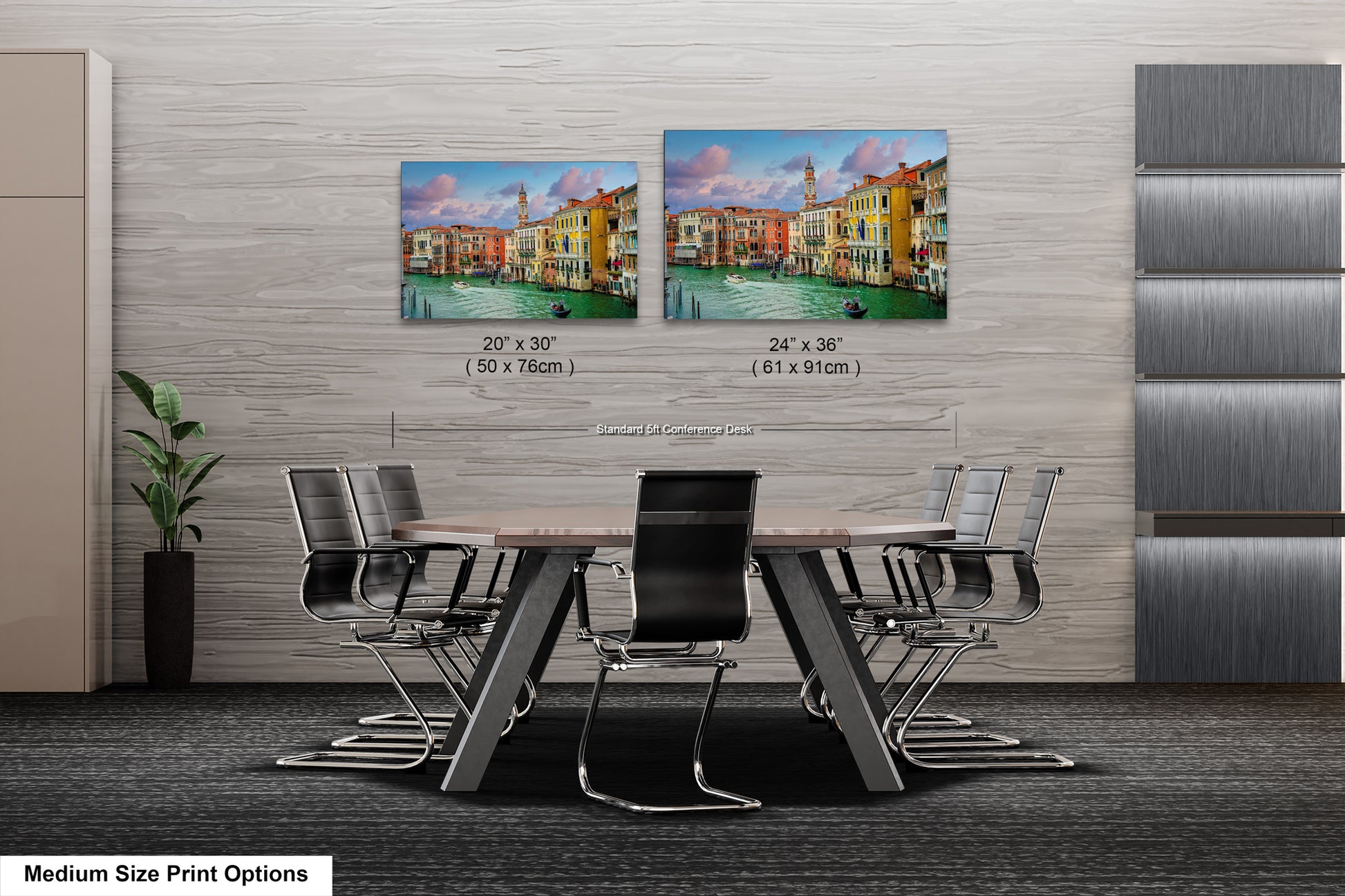 a dining room table with chairs next to a wall with pictures on it
