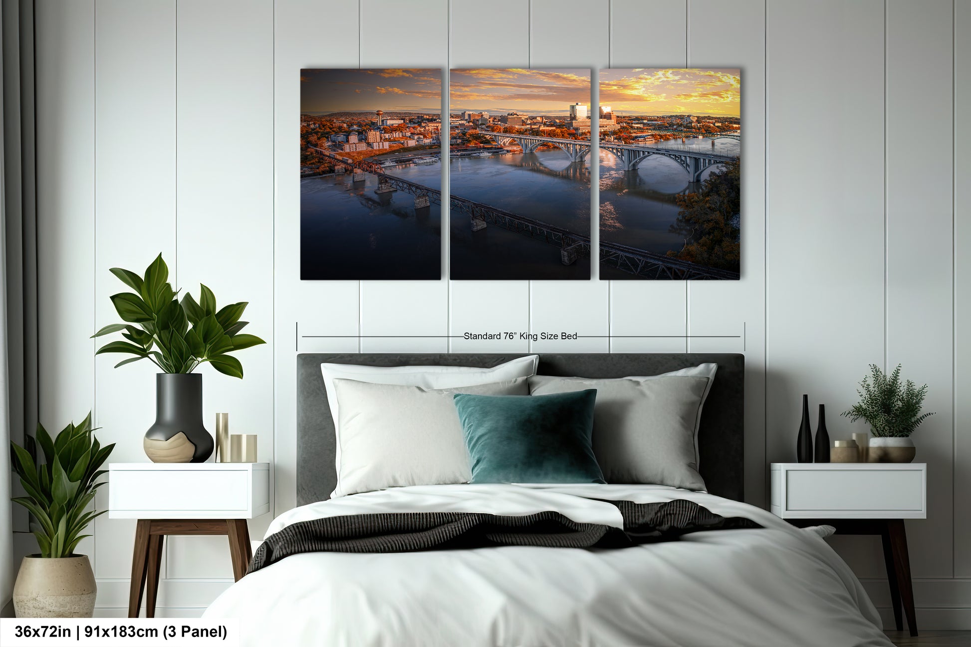 a bedroom scene with a bed and two paintings on the wall