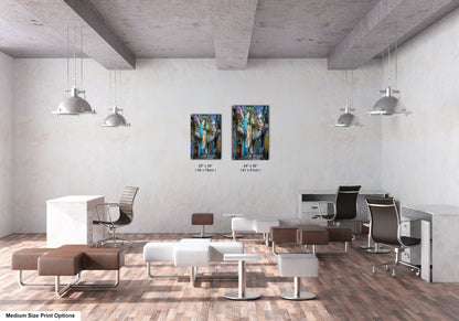 a room with two paintings hanging on the wall