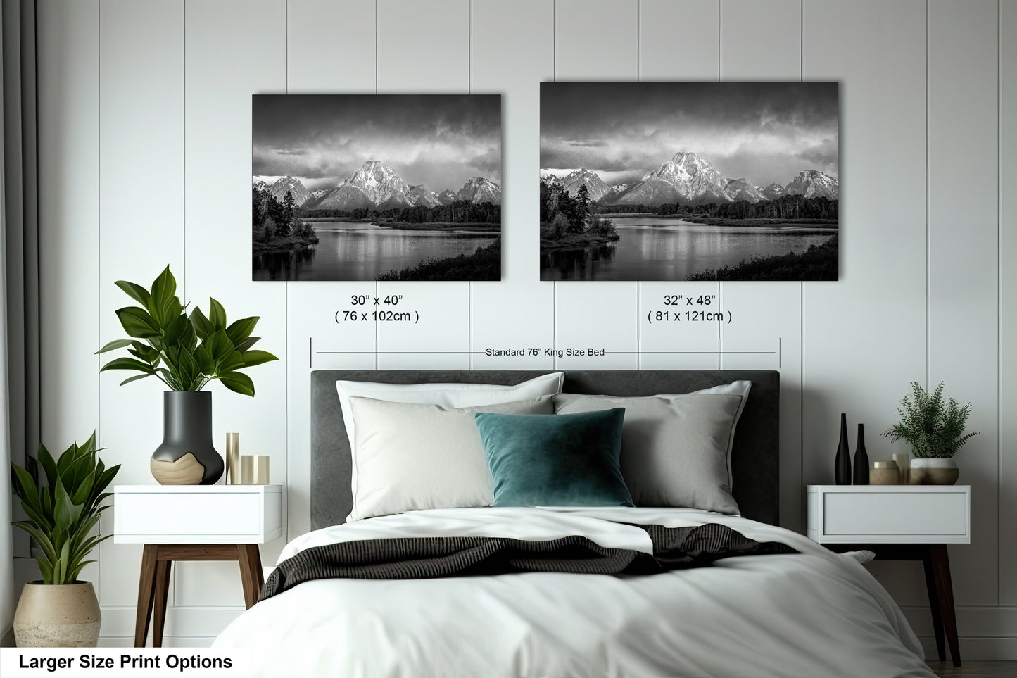 a bedroom with a bed and two pictures on the wall