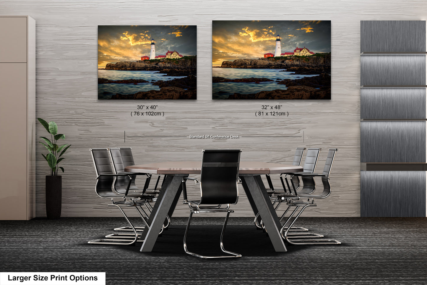 two pictures of a lighthouse on a wall above a table
