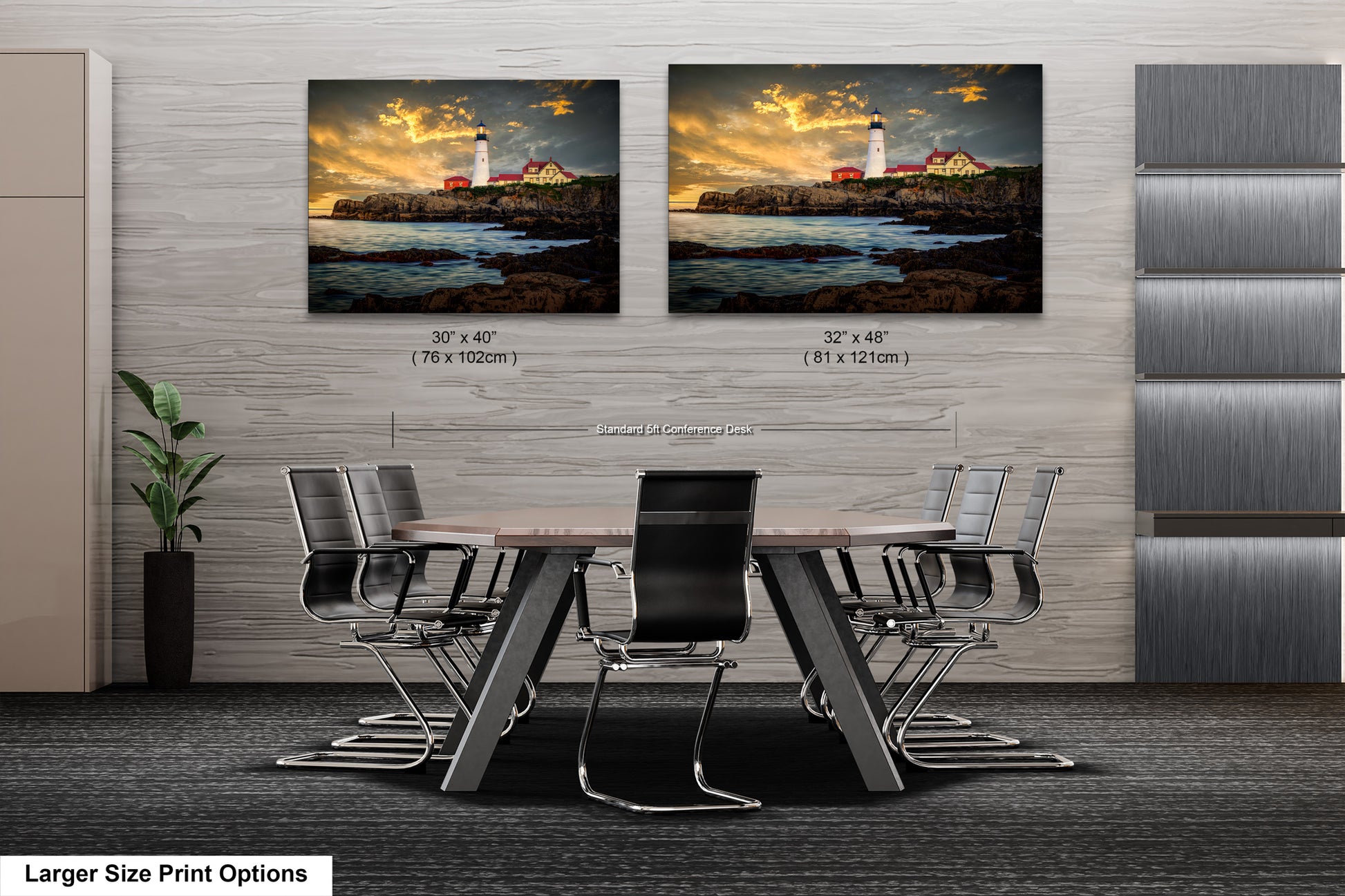 two pictures of a lighthouse on a wall above a table