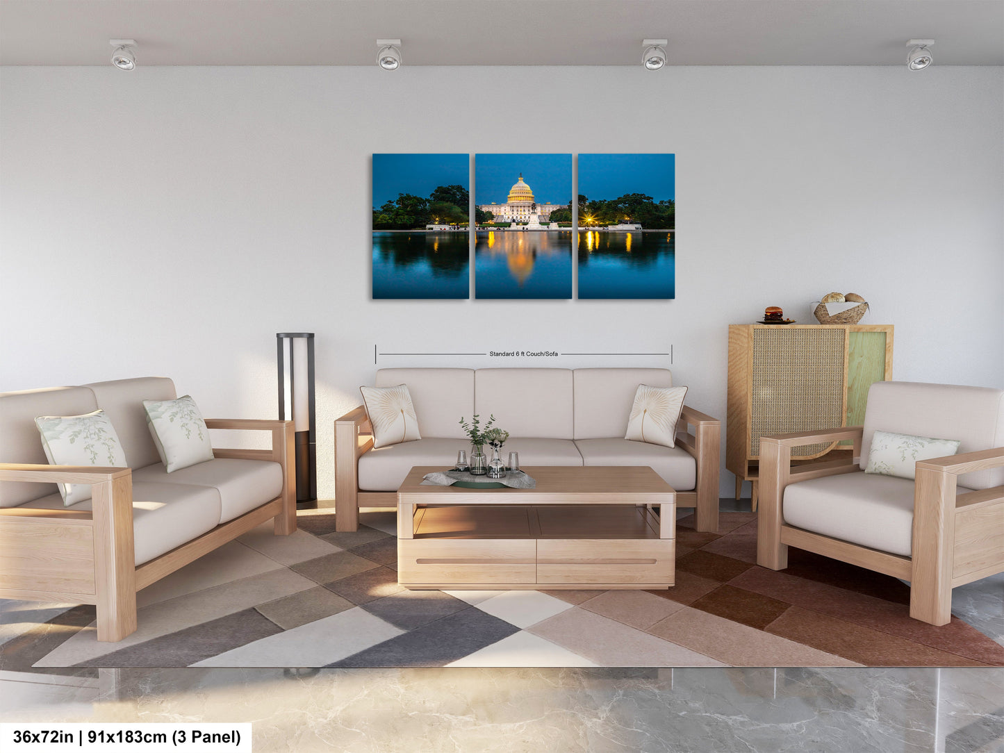 a living room filled with furniture and a painting on the wall