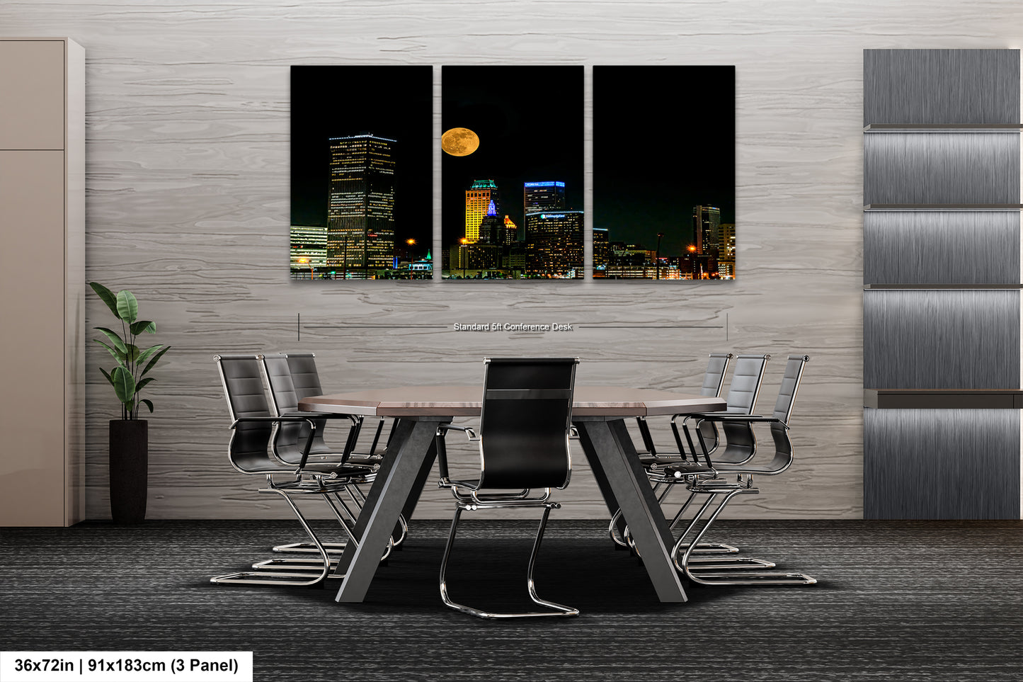 a dining room table with a view of a city at night