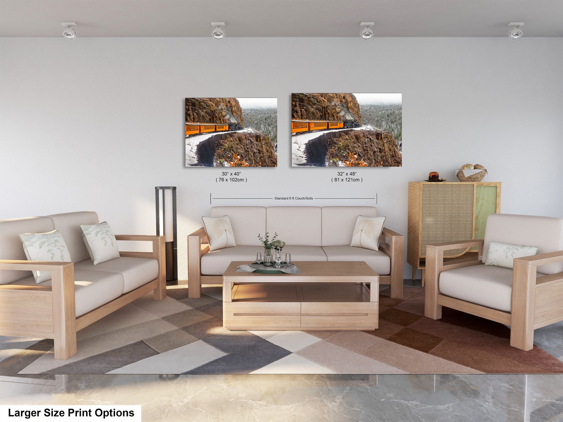 a living room filled with furniture and a painting on the wall
