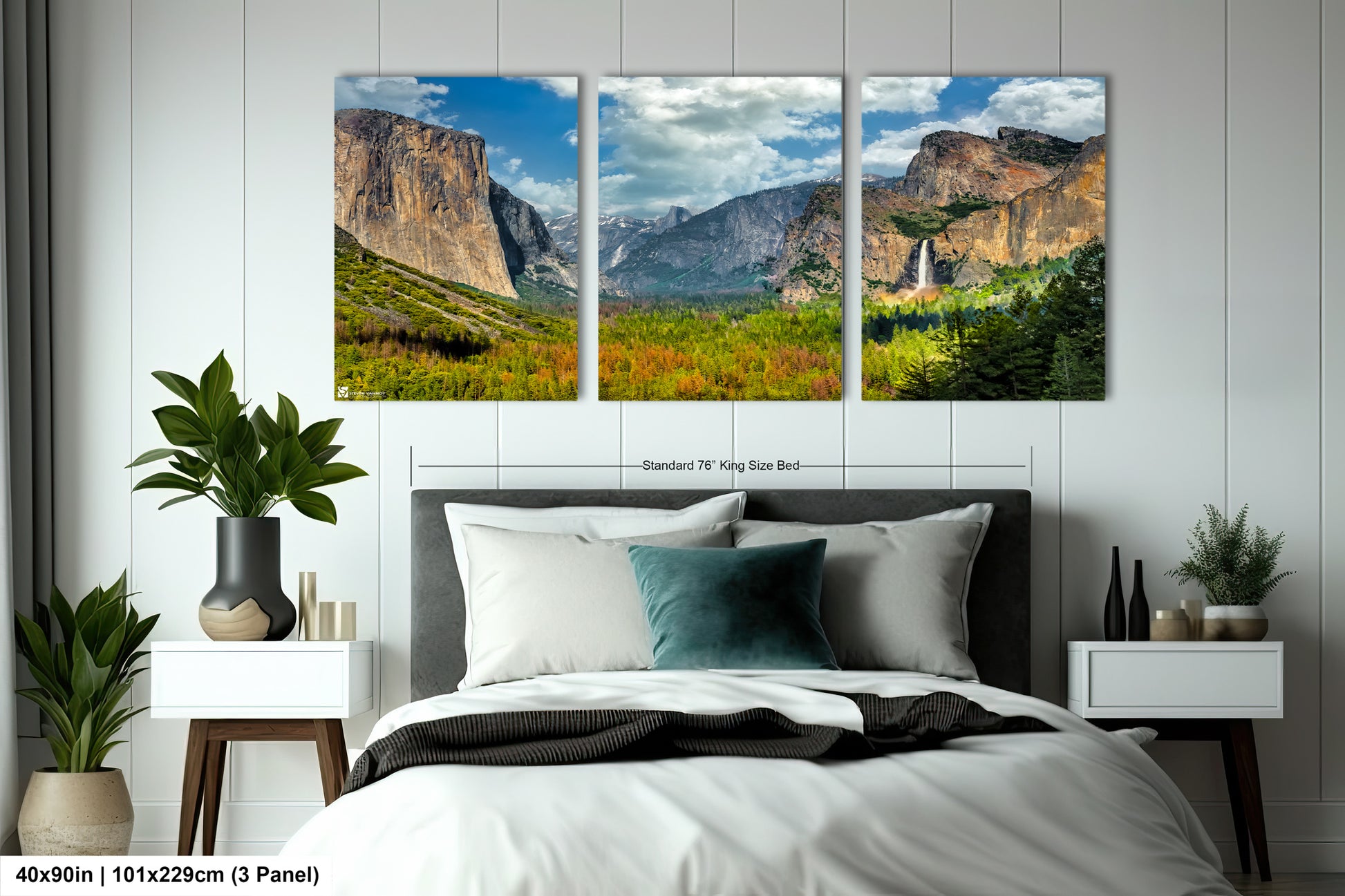 a bed room with a neatly made bed and two pictures on the wall