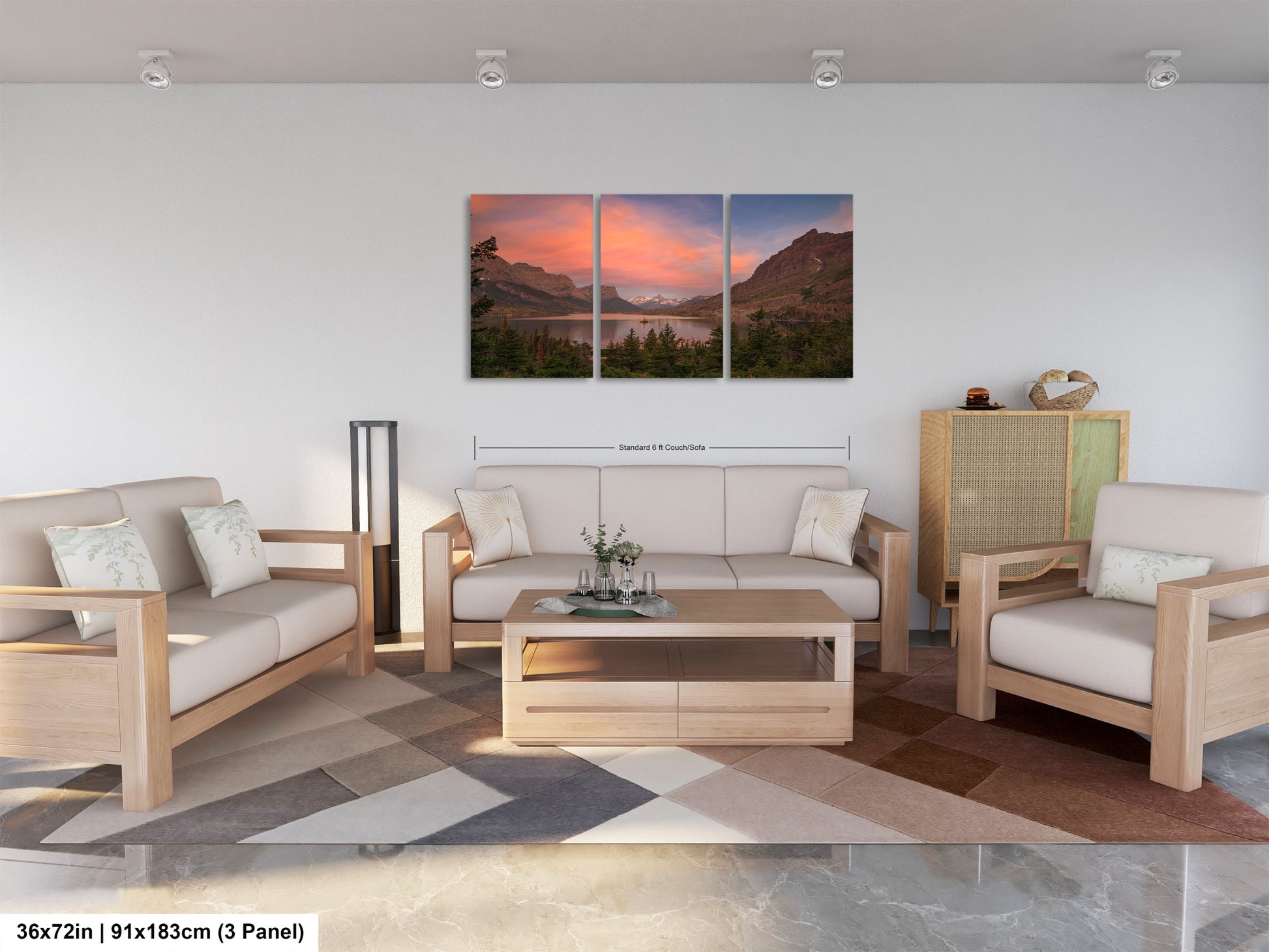 a living room filled with furniture and a painting on the wall