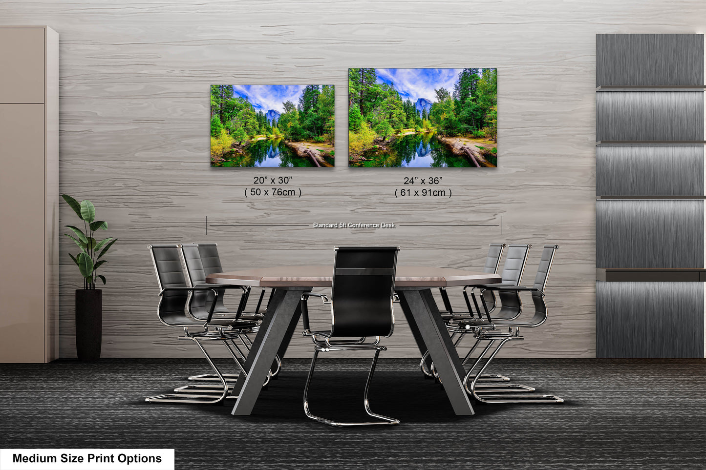 a dining room table with chairs and a picture of a forest