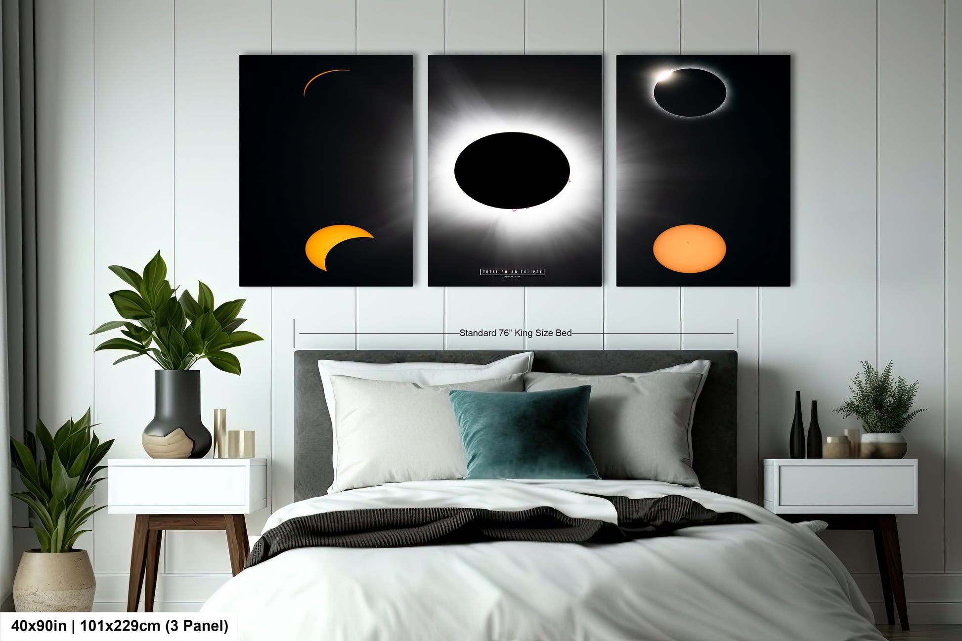 a bed with a white comforter and two paintings on the wall