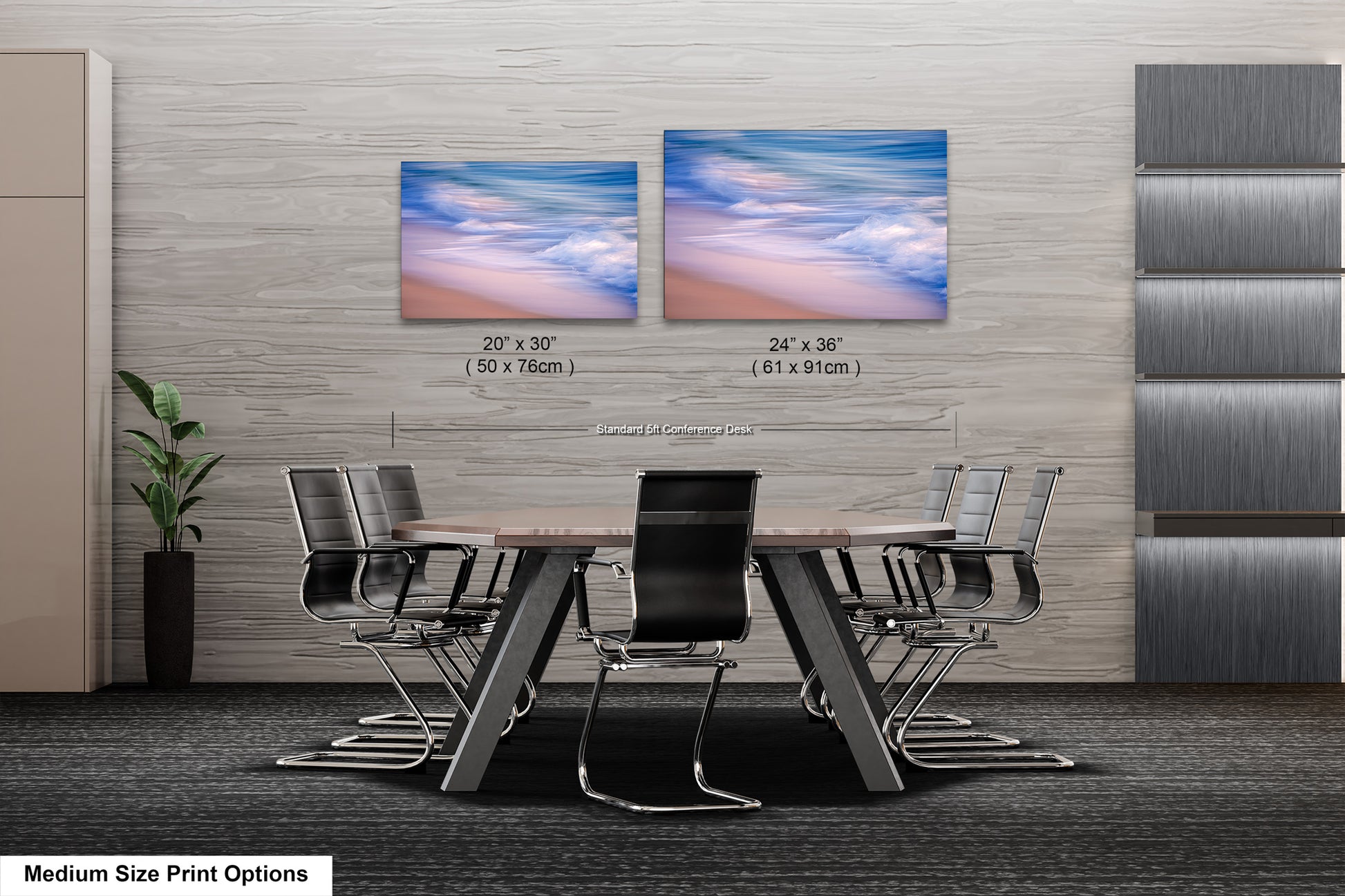 a dining room table with chairs and two pictures on the wall